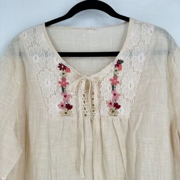 Boutique Women's Embroidered Lace Trim Tie Front Peasant Blouse Cream Size 3XL - Picture 6 of 11